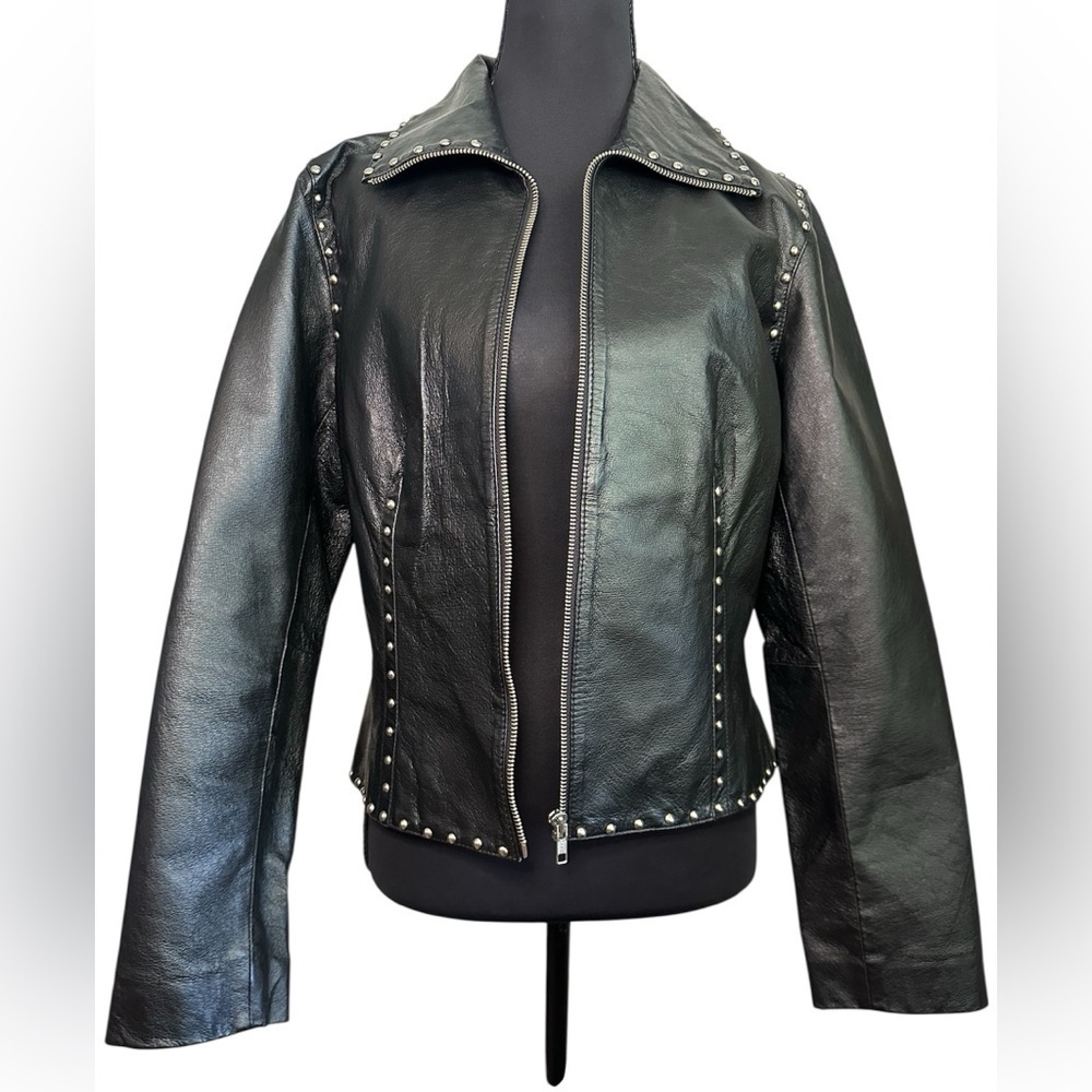 Women’s Black Studded Leather Moto Jacket Biker Rocker Punk Style Zip Front Coat